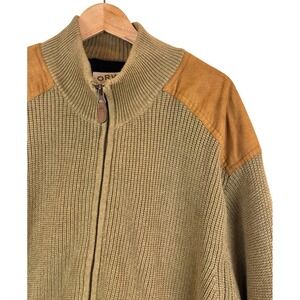 ORVIS Full Zip Lined‎ Cable Knit Sweater Tan Shoulder Patches Men's XXL Tan